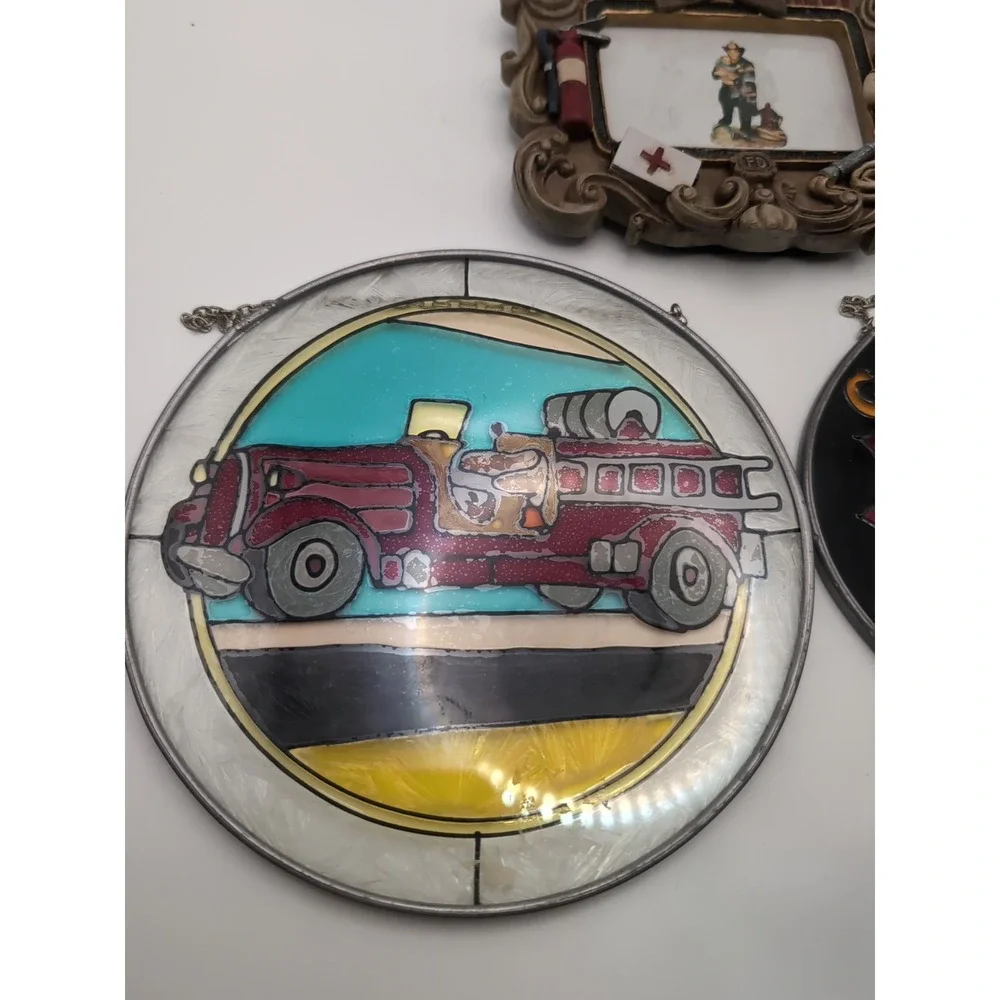 Genuine Antique Fireman Picture‎ Frame Stained Glass (Gift For Your Fireman) Lot
